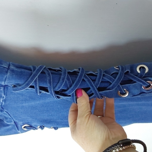 C'est Toi  Denim Mini Dress Deep V Side lace up grommets  Edgy sexy  Sz.S - Picture 4 of 10